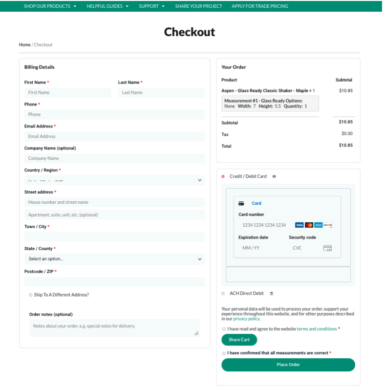 Checkout page with order summary and payment section.